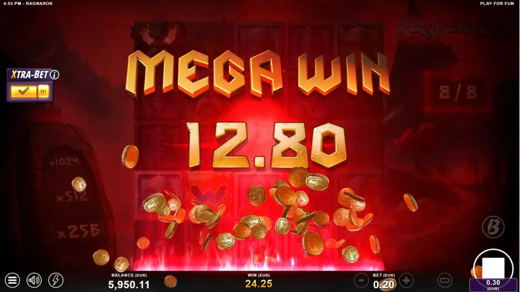 Mega Win screen in the Ragnarok slot with golden coins flying and the prize amount 12.80 displayed in bold letters.