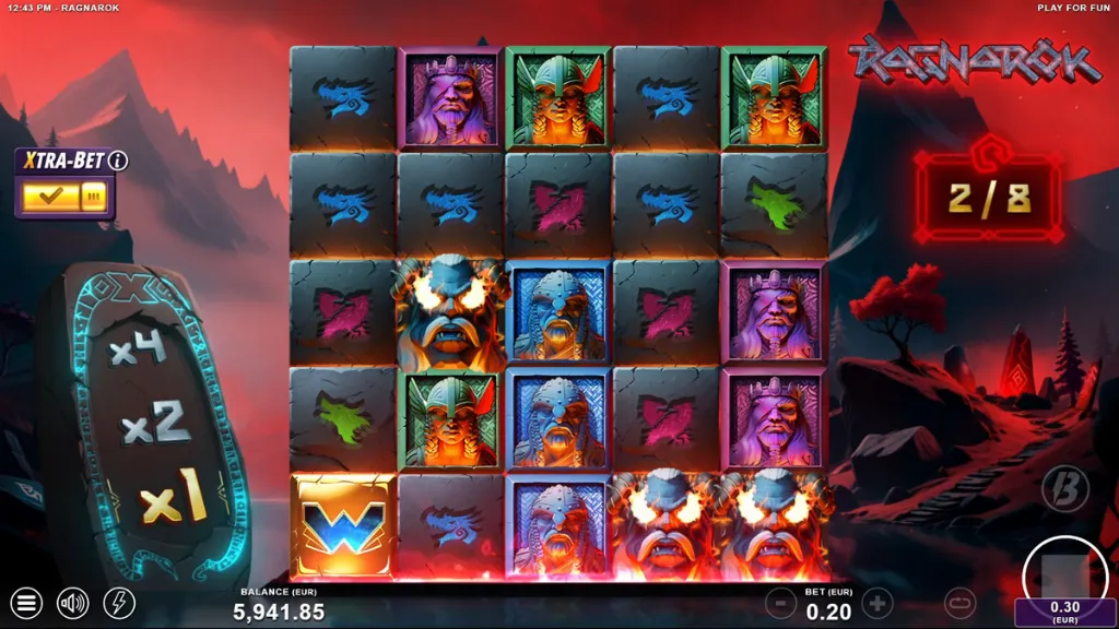 Norse mythology-themed Ragnarok slot game with fiery warrior symbols and glowing multipliers during a bonus round.