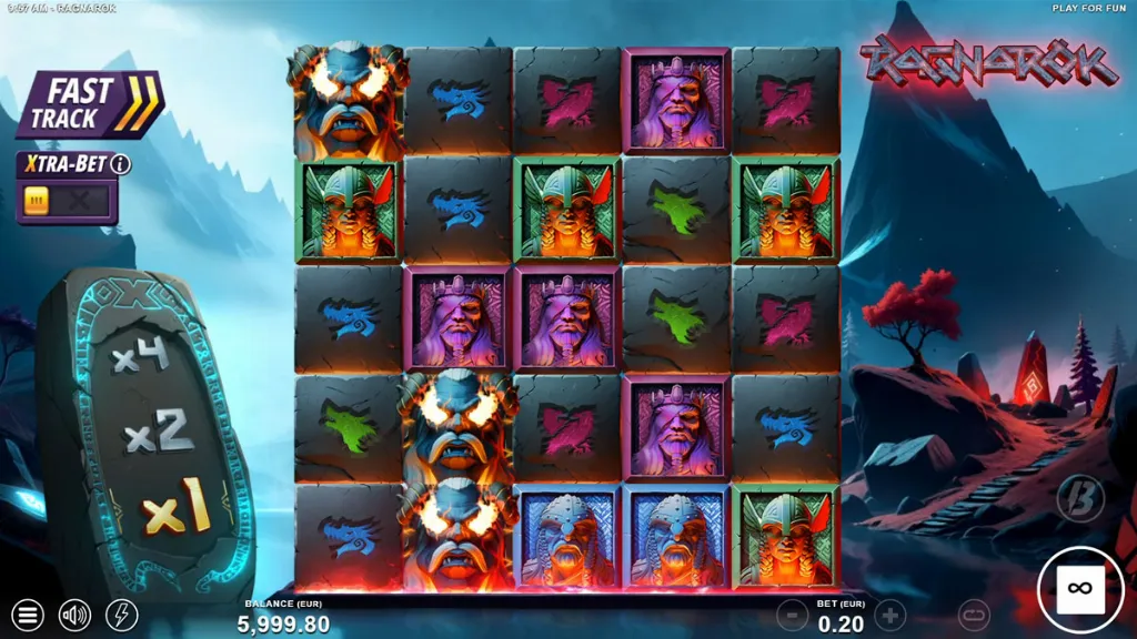 Ragnarok slot game reels featuring Viking warriors, rune symbols, and a Nordic mountain backdrop.