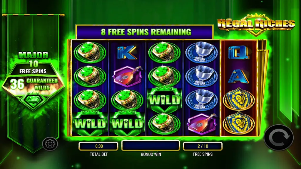 Bonus round on the Regal Riches slot with Wild symbols and remaining free spins displayed.