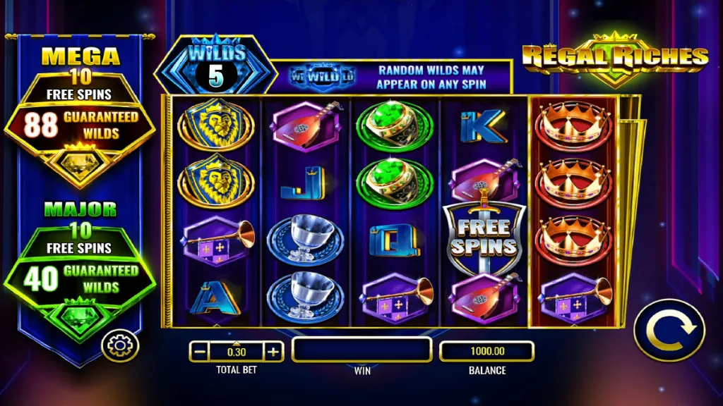 Standard gameplay screen of Regal Riches slot featuring colorful reels and various royal-themed symbols.