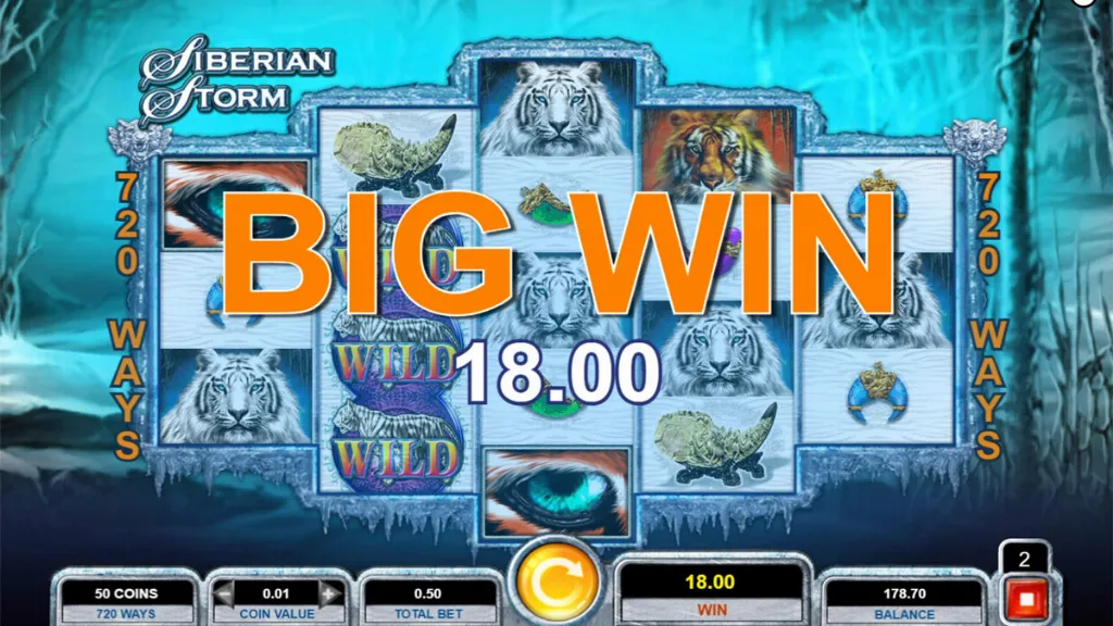 Siberian Storm slot Big Win screen showing 18.00 prize with tiger and wild symbols on frozen reels.
