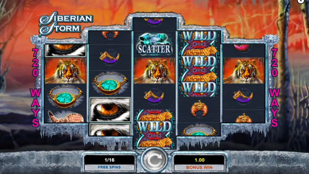 Siberian Storm slot free spins round with stacked wild tigers and scatter gems on icy reels.