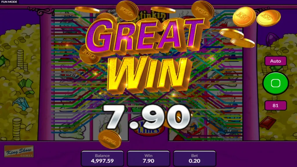 Great Win screen in Stinkin’ Rich slot showing 7.90 payout with cascading coins animation.