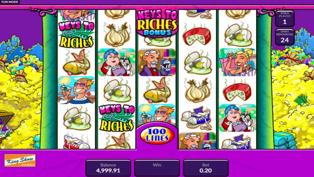Stinkin’ Rich slot during Keys to Riches bonus round showing active free spins and colorful symbols.