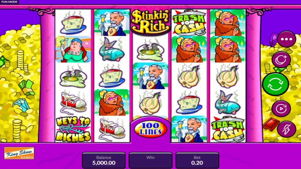 Stinkin’ Rich slot base game with vibrant cartoon-style reels and 100 paylines visible on screen.