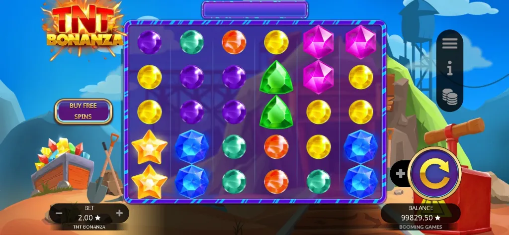 Colorful gem-themed TNT Bonanza slot grid featuring vibrant jewels and explosive mining backdrop.