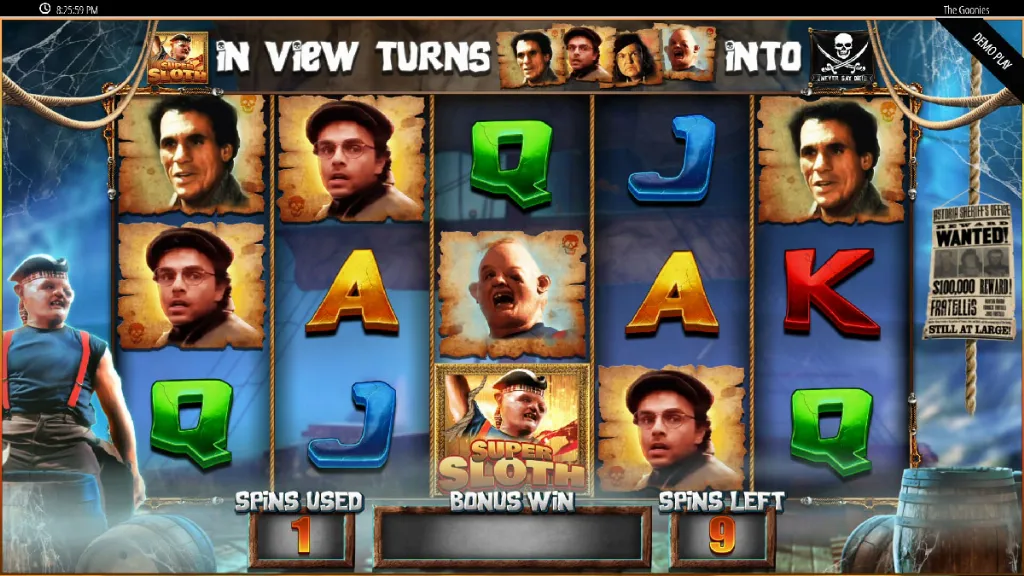 The Goonies slot free spins round in progress with character symbols and bonus win meter.