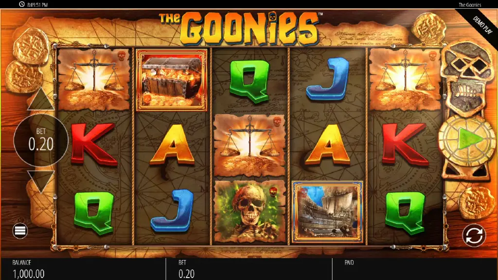The Goonies slot base gameplay reels with treasure chests, skulls, and card symbols.