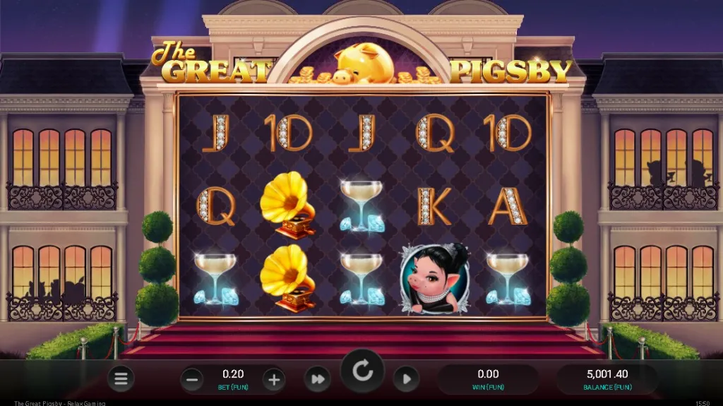 Luxurious The Great Pigsby slot with art deco design, golden gramophones, champagne glasses, and a stylish pig character.