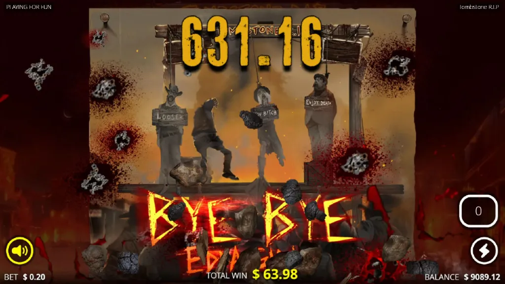 Big win moment in Tombstone RIP showing a total payout with dark Western-style animations.