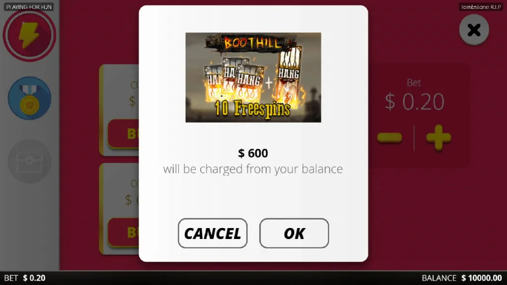 Bonus buy screen in Tombstone RIP offering 10 free spins for a set price.