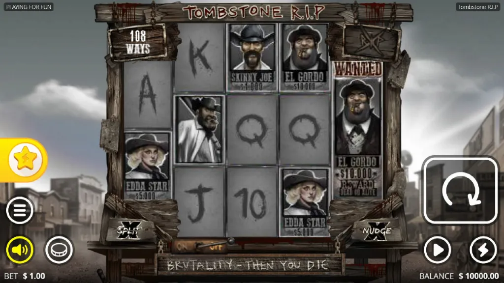 Base game spins in Tombstone RIP featuring outlaw characters, wanted posters, and gritty Western visuals.