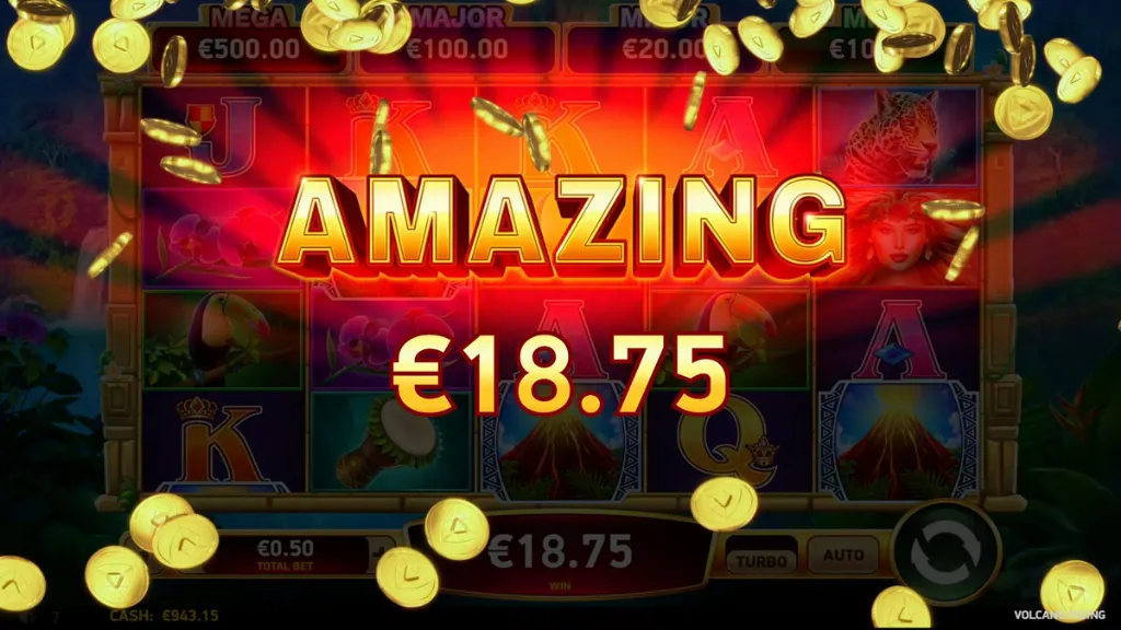 Celebration screen from Volcano Rising showing “AMAZING €18.75” in large golden letters with coins raining down over the reels in the background, jungle theme visible behind.