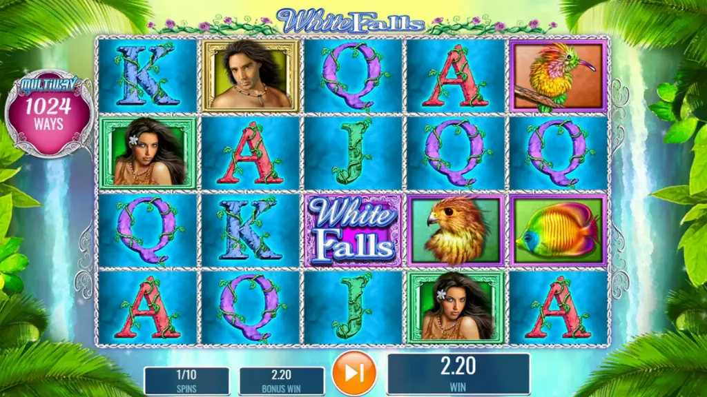 Bonus round of White Falls displaying colorful birds, fish, and character symbols spinning across bright blue reels.
