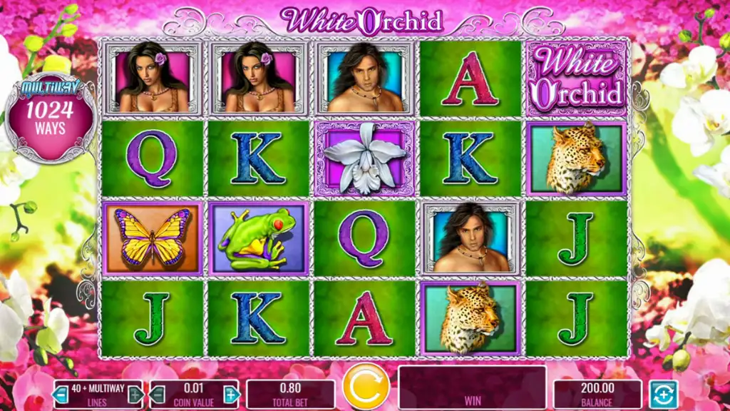 Standard gameplay screen of White Orchid featuring orchids, butterflies, and jungle animals on vivid green reels.