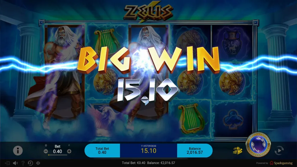 Zeus slot big win displays a lightning animation with a highlighted 15.10 payout and cascading coins.