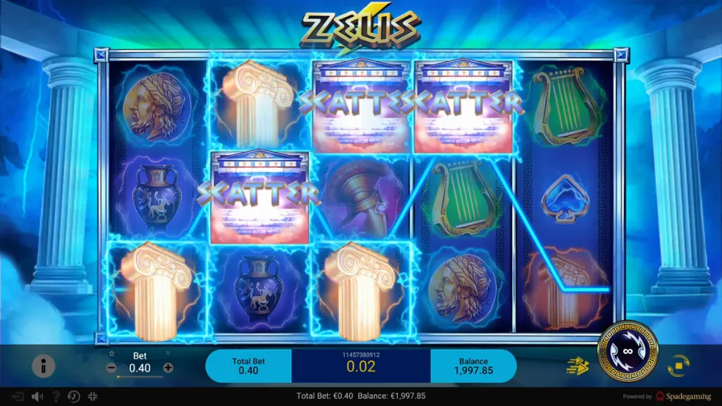 Zeus slot bonus trigger visible shows three temple scatter symbols aligning to activate the free spins feature.