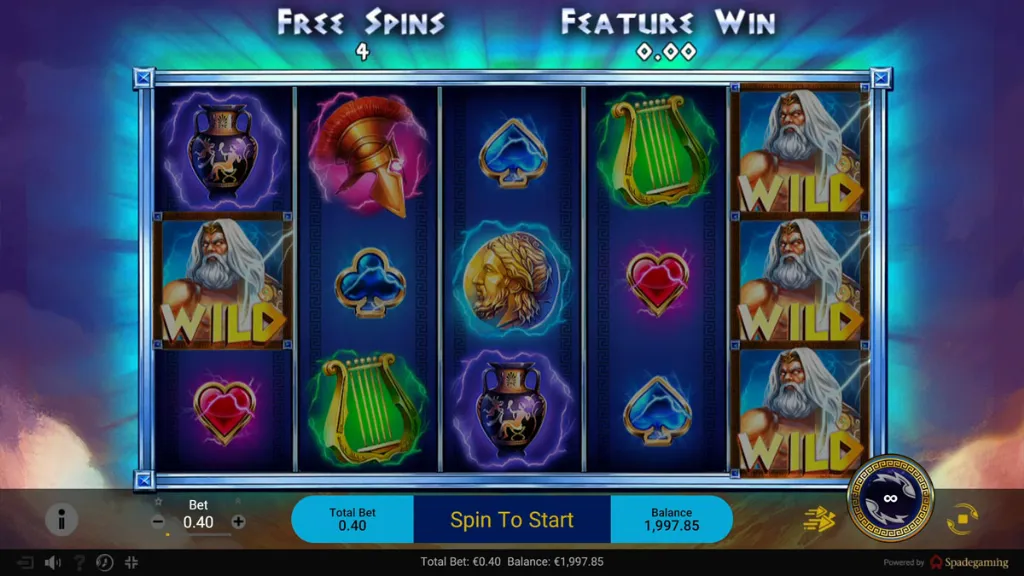 Zeus slot during bonus displays stacked Zeus wilds and active free spins in progress.