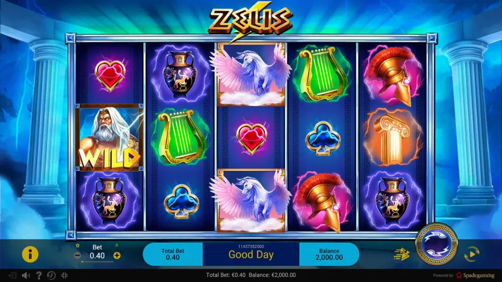 Zeus slot normal gameplay shows Zeus, helmets, vases, and lyres spinning across mythic reels for standard play.