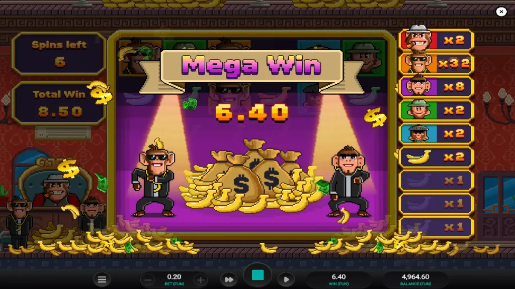 Banana Town slot Mega Win screen showing 6.40 payout with dancing monkeys and banana stacks.