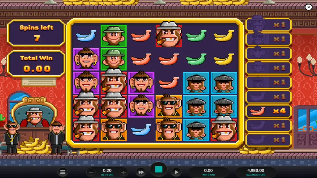 Banana Town slot free spins round in progress with gangster monkey characters on the reels.