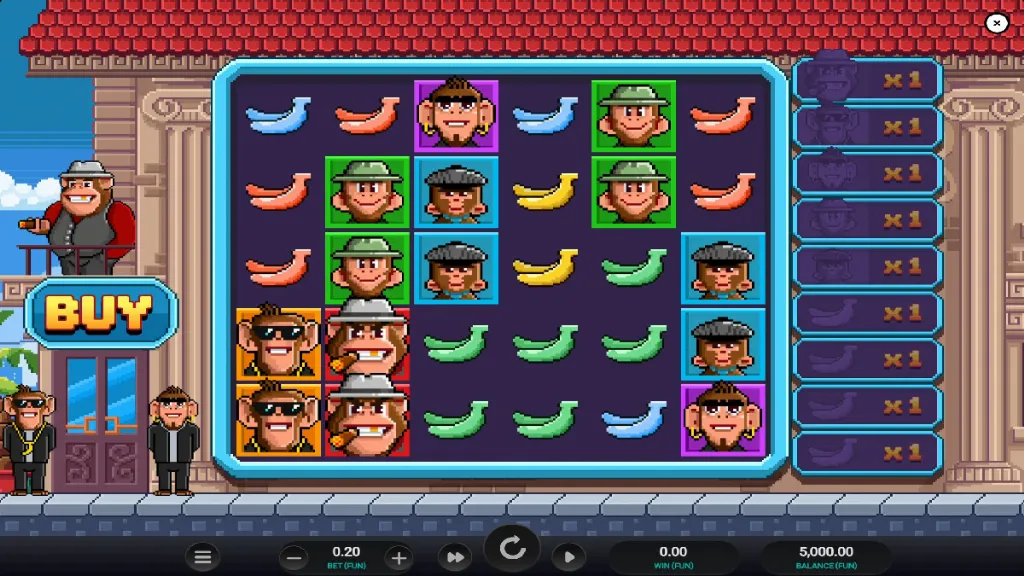 Banana Town slot base gameplay with colorful banana symbols and monkey characters.