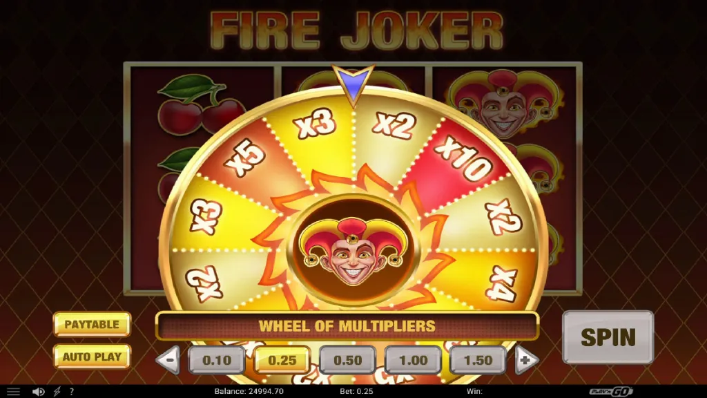 Fire Joker slot during bonus round with multiplier wheel visible