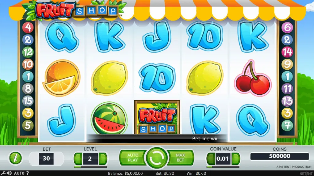Fruit Shop base game spin with fruit and letter symbols