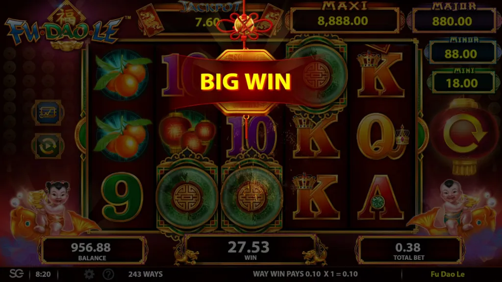 Fu Dao Le slot showing a big win animation with highlighted payout amount on the reels.