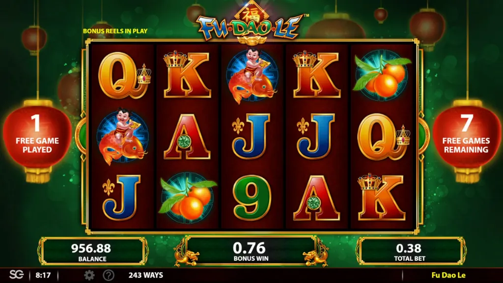 Fu Dao Le slot gameplay during free spins bonus round with themed symbols and remaining spins counter.