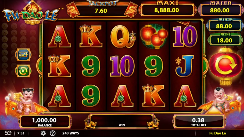 Base game screen of the Fu Dao Le slot with traditional Chinese-themed symbols on the reels.