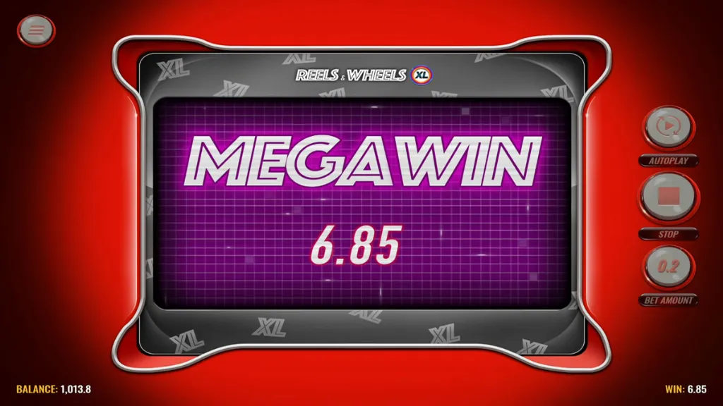 Reels & Wheels XL slot screen highlighting a mega win of 6.85 credits