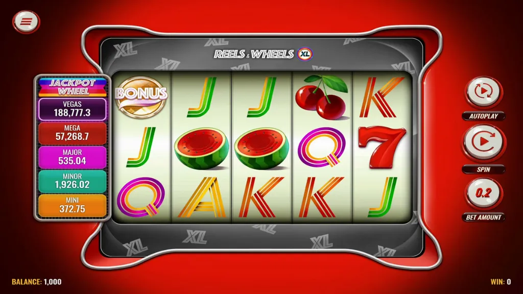 Reels & Wheels XL slot base game with fruit symbols and jackpot prize values displayed