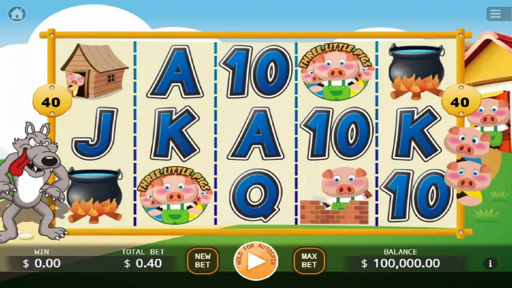 Base game spin in Three Little Pigs slot with pig and house symbols on the reels.
