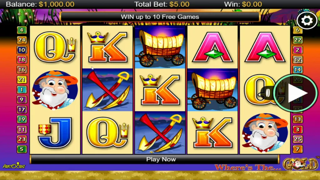 Where’s the Gold slot base game with dynamite, pickaxe, and card value icons on the reels.