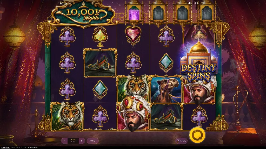 Reels from the 10,001 Nights slot showing opulent Arabian-themed symbols and the Destiny Spins feature.