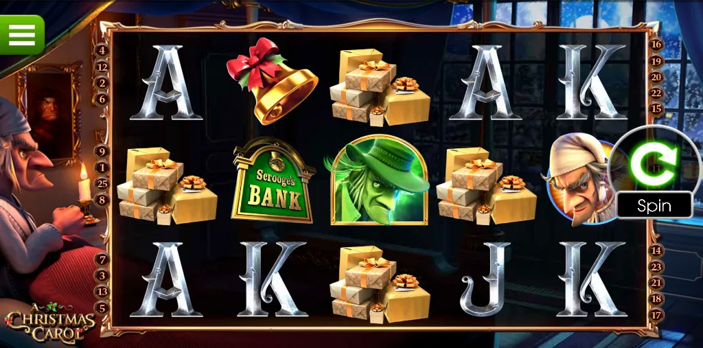 Gameplay from Betsoft’s A Christmas Carol slot highlighting Scrooge, festive presents, and bonus symbols on a dark Victorian backdrop.