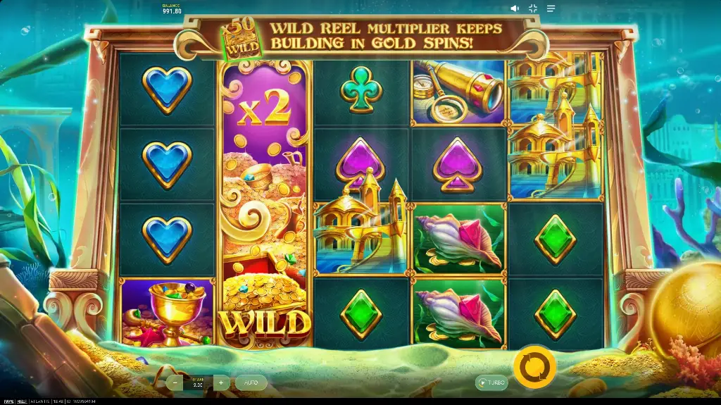 Gameplay from Atlantis slot showcasing golden wild reels, underwater palace visuals, and treasure-themed symbols with a glowing oceanic background.