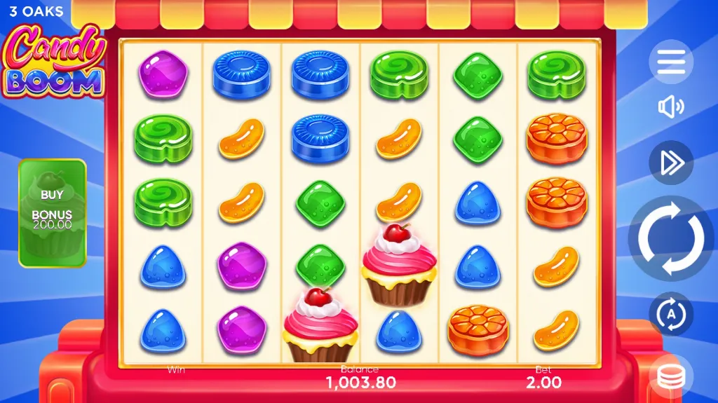 Colorful reels from the Candy Boom slot game by 3 Oaks featuring candy-shaped symbols and cupcake bonuses.