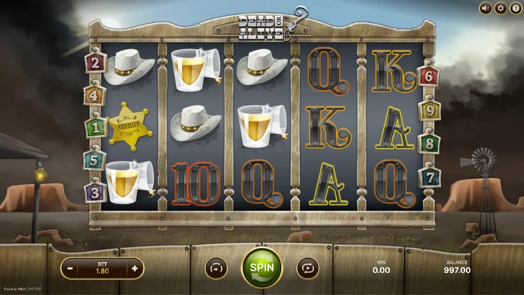 The Dead or Alive slot features reels with cowboy hats, sheriff badges, and whiskey glasses set in a Wild West theme.