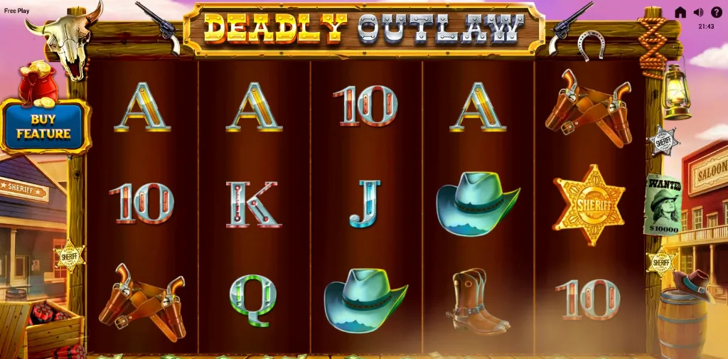 The Deadly Outlaw slot showcases symbols like sheriff badges, cowboy hats, and revolvers across a western saloon backdrop.