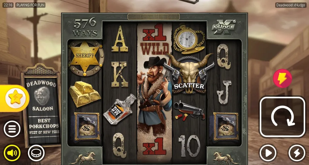 The Deadwood xNudge slot features a Wild West theme with sheriff badges, whiskey bottles, scatter skulls, and a cowboy wild symbol across its reels.