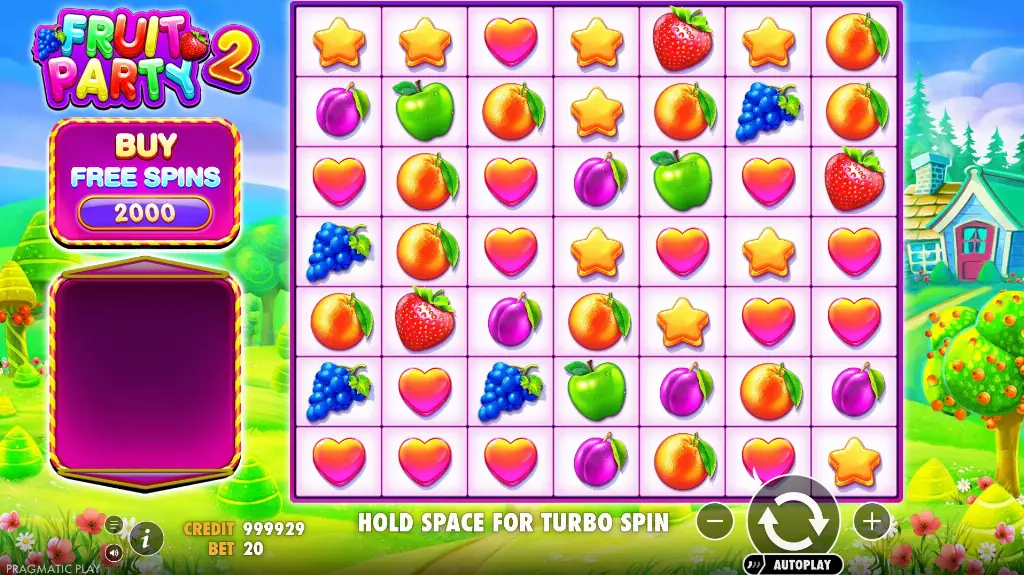 Fruit Party 2 slot featuring cluster wins of colorful fruits on a vibrant candy-style grid background.