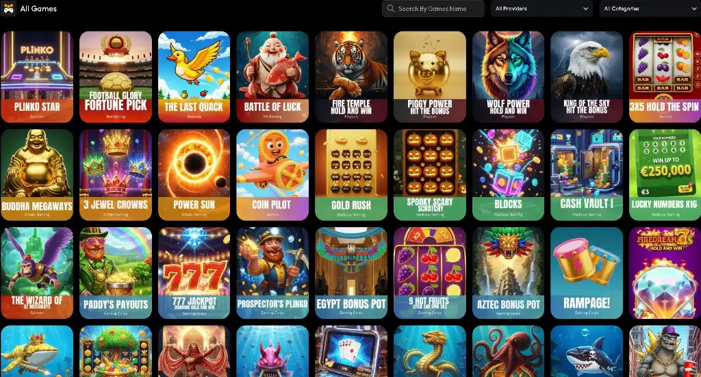 Gold Machine games library highlights a wide variety including Plinko Star, The Last Quack, Buddha Megaways, Gold Rush, Egypt Bonus Pot, and Rampage.