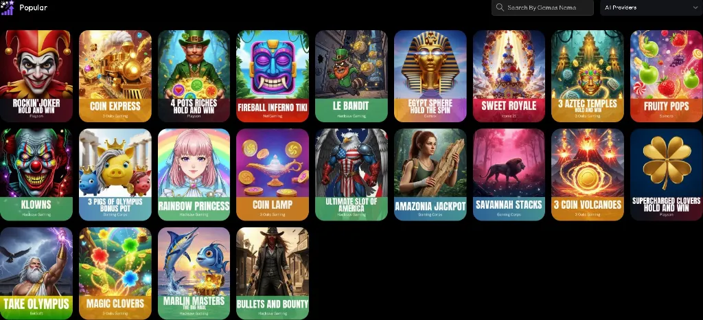 Gold Machine popular games selection includes Rockin’ Joker, Coin Express, Rainbow Princess, Amazonia Jackpot, Marlin Masters, and Bullets and Bounty.