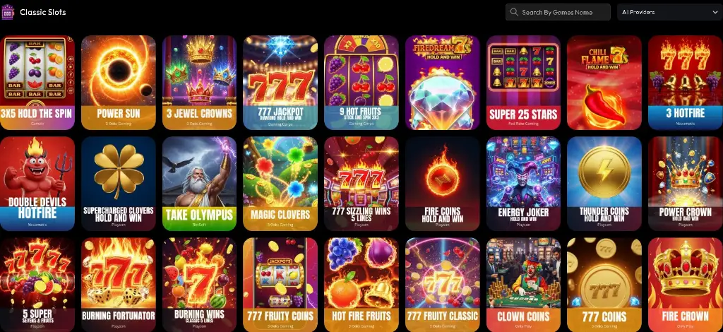 Gold Machine slot machines lobby showcases classic slots like Power Sun, 777 Jackpot, Double Devils Hotfire, Super 25 Stars, Magic Clovers, and Fire Crown.