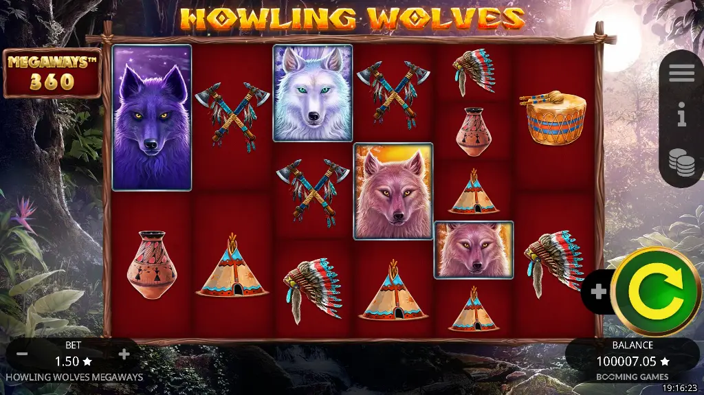 Gameplay from Howling Wolves Megaways slot with wolf symbols, tomahawks, and teepees set in a moonlit forest scene.