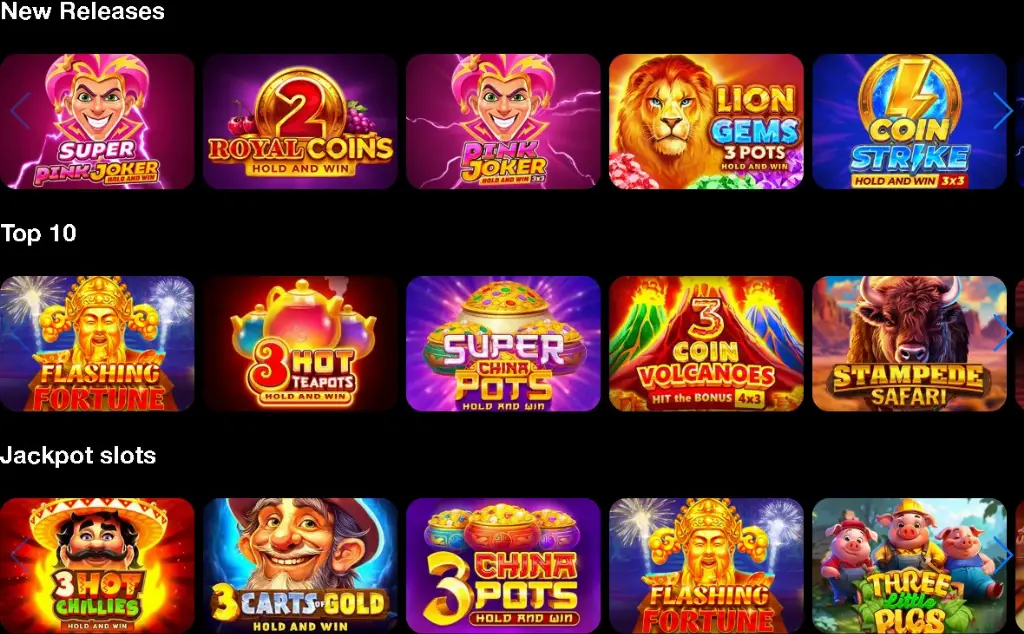 Collection of Lavish Luck slot games featuring titles like Super Pink Joker, Royal Coins, Lion Gems, and Stampede Safari in the New Releases, Top 10, and Jackpot Slots sections.