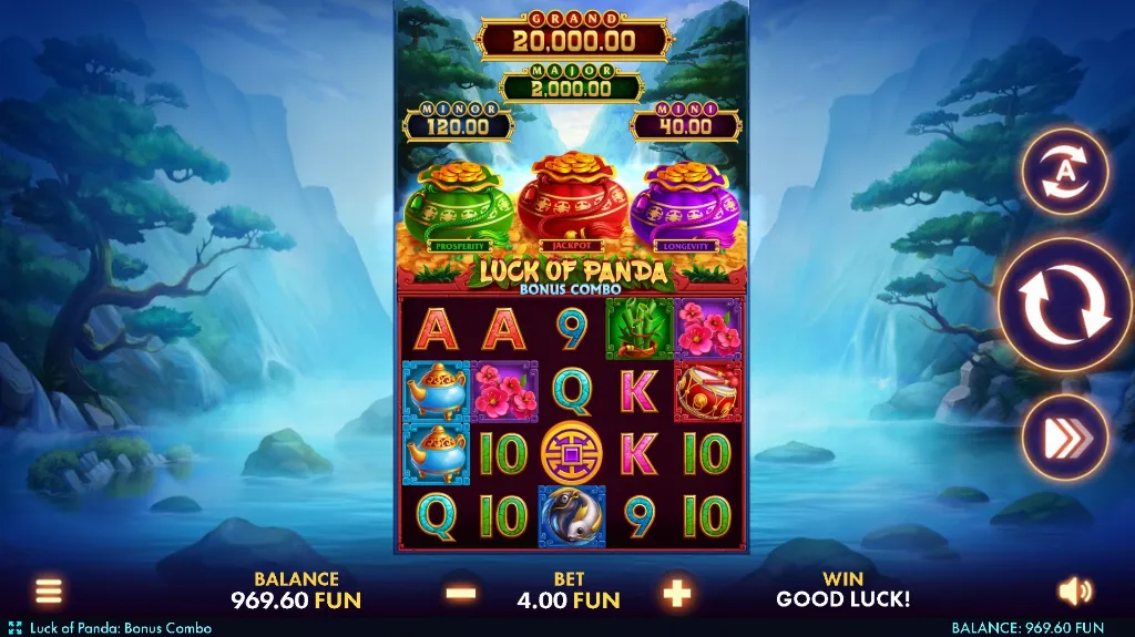 Gameplay from the Luck of Panda Bonus Combo slot featuring colorful prosperity pots, jackpot values, and Asian-inspired symbols on a serene mountain backdrop.